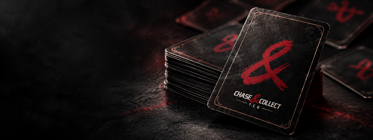 Stapel zwarte Chase & Collect trading cards in donkere studiosetting